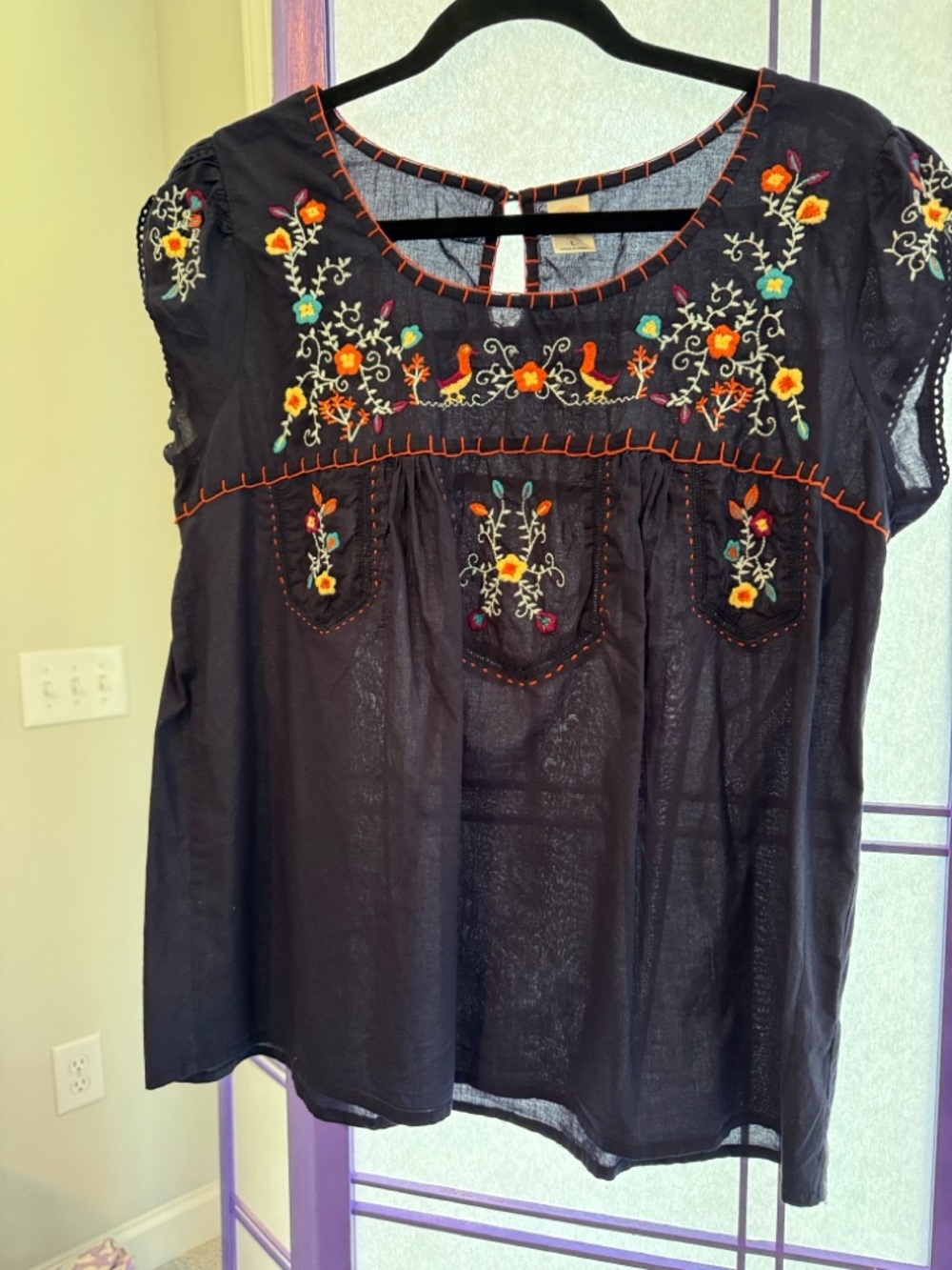 Bila Navy Embroidered Floral Peasant Blouse